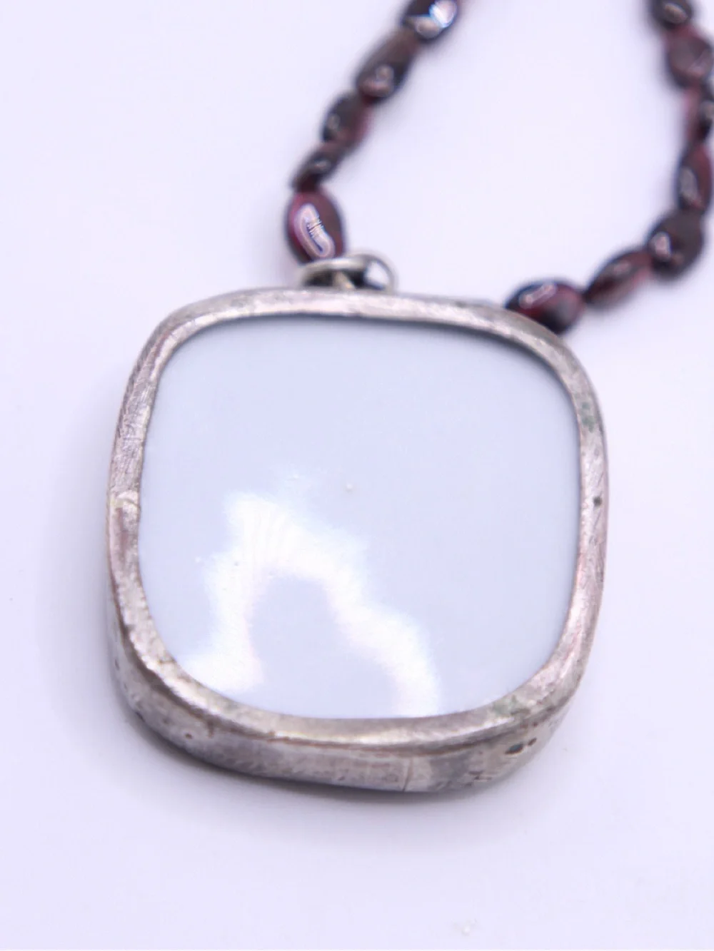 Artisan made Hand paintedPorcelain Floral Pendant on a Garnet Bead Necklace 16”
